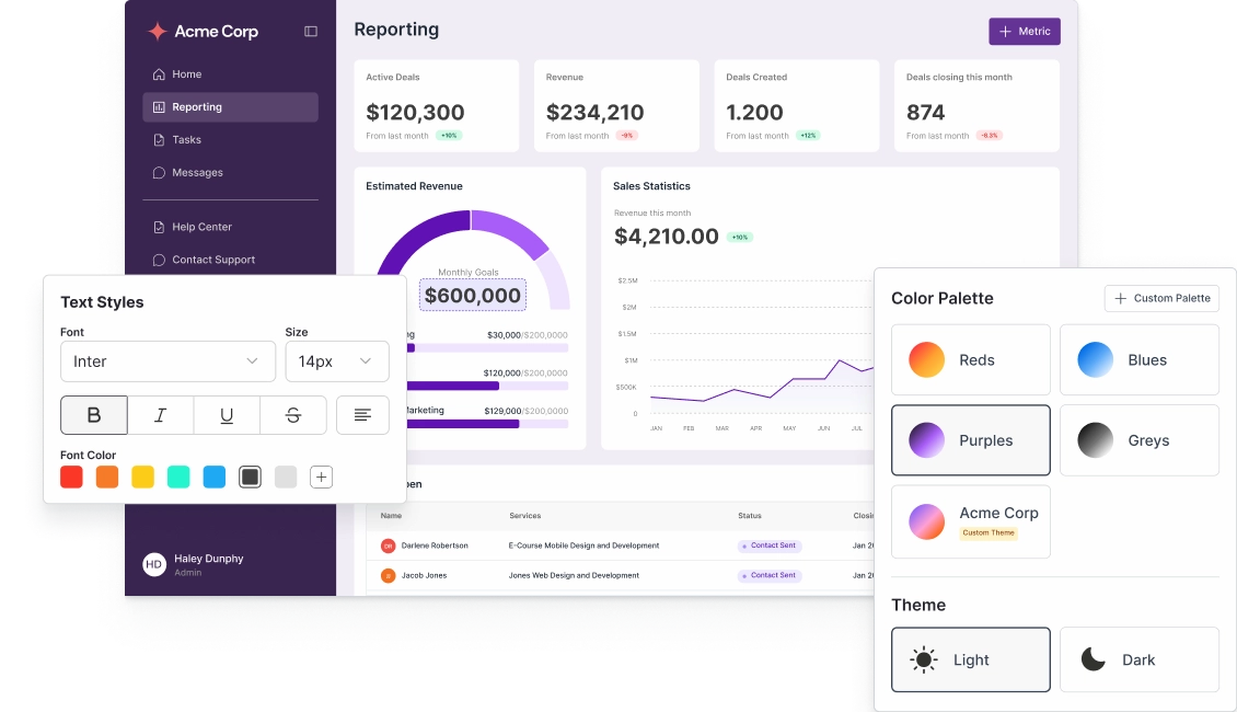 White-labeled analytics dashboard in Databrain with customizable fonts, colors, and branding options